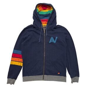 Aviator Nation Signature Rainbow Stripe Zip Up Hoodie Blue L